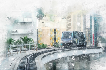 Watercolor painting illustration of Metro mover train on the station in Downtown Miami. Metro mover is a free automatic transport system in Miami