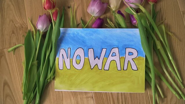 Motivational packard with text No war against armored conflict on background of Ukrainian flag with flowers on Kharkov house floor. Crisis, peace, stop aggression in whole world