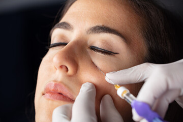 Obraz premium Plastic surgery clinic. Hands of cosmetologist making injection holding syringe. Concept of healthy face, skin care, middle age skin care cosmetics, aesthetics. 