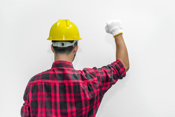 Technician wear helmet  isolate on white background,Thailand people,Labor day concept,Happy man concept
