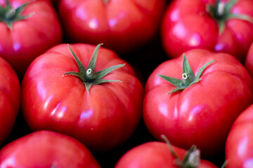 Piękne świeże pomidory przygotowane do sprzedaży na targu / Beautiful fresh tomatoes prepared...