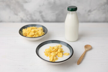 The process of making a dietary dessert from homemade kefir with corn flakes. The concept of healthy eating.