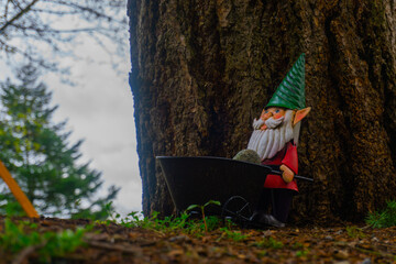 A garden gnome holds a wheelbarrow in front of a tree with another tree distant in the background.