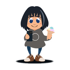 Flat vector girl with ice cream and phone