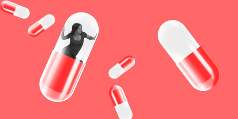 Contemporary art collage. Depressed woman trying to get off the pill isolated over red background