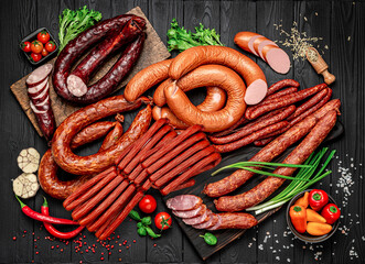 Set of different types of smoked sausages.