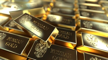  gold in bullion in a large volume of the inscription "Russian gold". gold fund , 3d render
