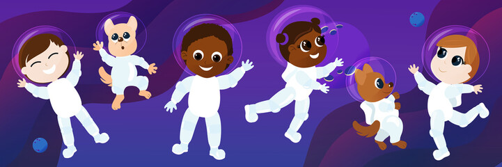 Astronauts fly in space. A boy, a girl, dogs in astronaut costumes and a flying saucer of aliens and planets in the background. Cartoon style illustration of the universe.The mood of joy, fun.