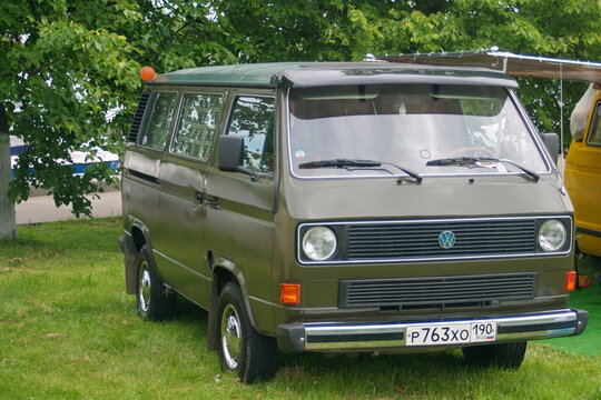 Saint Petersburg, Russia - July 08, 2017: Festival of old Volkswagen car Bughouse Fest 2017. Green Volskwagen Type 2 T3 . Front-side view.