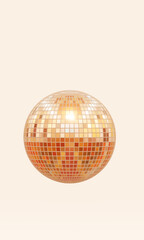 3D render of  orange metallic glowing and reflecting disco ball isolated on light background  