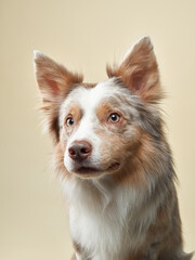 Border Collie dog on a beige background. Funny pet in the studio