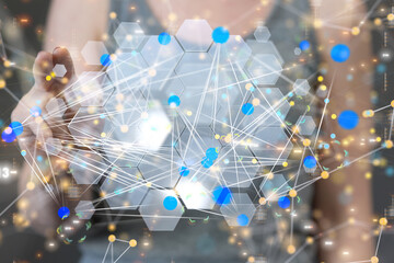 abstract lines with dots over dark background.