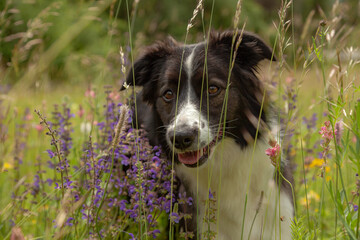 A portrait of a lovely young black and white Border Collie, standing in a meadow, surrounded by grass and colorful flowers.