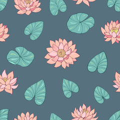Seamless vector pattern of lotuses and water lilies. Decoration print for wrapping, wallpaper, fabric, textile.