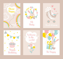 Cutte bunny. Happy Birthday Baby. First birthday. Set of greeting cards.
