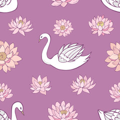 Seamless vector pattern of swans and lotuses. Decoration print for wrapping, wallpaper, fabric, textile.