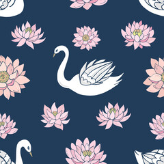 Seamless vector pattern of swans and lotuses. Decoration print for wrapping, wallpaper, fabric, textile.