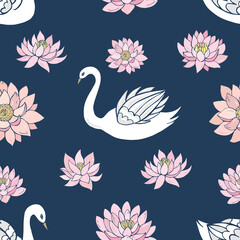 Naklejka premium Seamless vector pattern of swans and lotuses. Decoration print for wrapping, wallpaper, fabric, textile.
