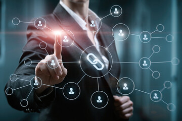 Businesswoman clicks settings link on blurred background.