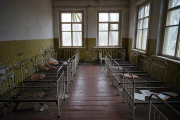 Abandoned kindergarten horror scene in Chernobyl exclusion zone surrounding nuclear power plant with high radioactive contamination, Chernobyl, Ukraine