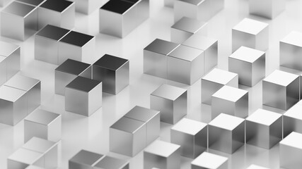 Metallic cubes on a white surface. 3D rendering illustration.