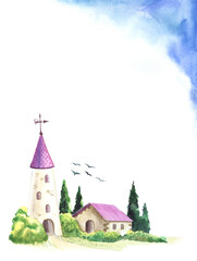Hand painted watercolor illustration. Сute village houses surrounded green bushes and forests. Idyllic rural landscape under birds in blue skie. Postcard page template. Light walls purple roofs