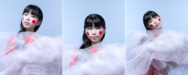 Callage. Portraits of young beautiful Japanese woman, dancer in white light veil performing, posing...
