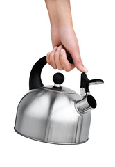 Fototapeta premium female hand holding a metal teapot with a whistle on a white background