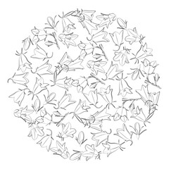 A set of black and white bellflowers in a circle. Vector graphics