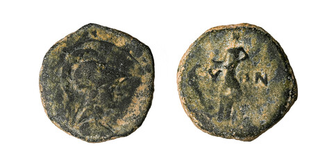 Ancient Roman bronze coin. Obverse and reverse - blank background.