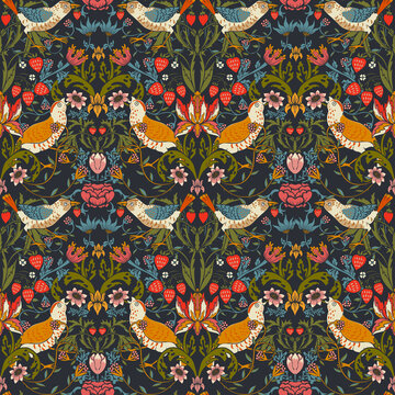 Seamless Pattern With Victorian Flowers, Birds And Berries In The Style Of William Morris