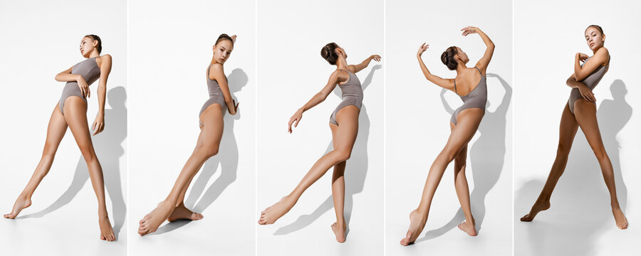 Collage. Portraits of young tender woman, ballerina in gray bodysuit dancing, posing isolated over white studio backgrround
