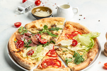 pizza set with different pieces of stuffing, slices of pizza margherita. Pizza margarita and hand close up. Food recipe background