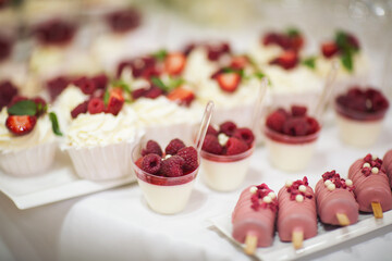 Delicious dessert of cake with fresh strawberries, raspberries and mint leaf. Banquet table full of fruits and berries and an assortment of sweets. Candy bar.