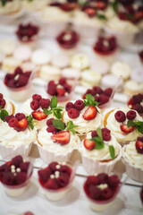 Delicious dessert of cake with fresh strawberries, raspberries and mint leaf. Banquet table full of fruits and berries and an assortment of sweets. Candy bar.