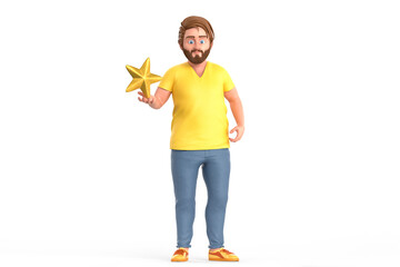 Man holding golden star in hand. 3D illustration
