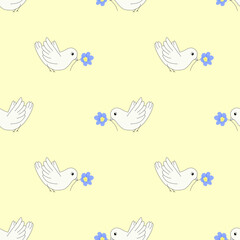 Seamless pattern - white pigeons birds with flower on yellow fon. Peace and stop war in Ukraine.