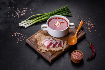 Borscht - traditional Ukraine soup made of beetroot, tomato, cabbage, carrot and beef