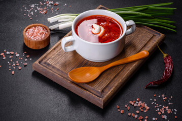 Borscht - traditional Ukraine soup made of beetroot, tomato, cabbage, carrot and beef