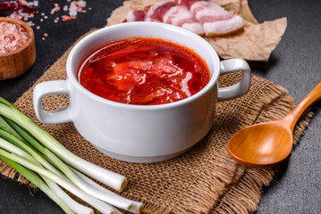 Borscht - traditional Ukraine soup made of beetroot, tomato, cabbage, carrot and beef