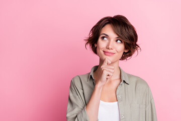 photo of minded lady touch hand chin look empty space choose intelligent choice isolated pastel color background - obrazy, fototapety, plakaty