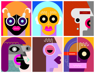 Six Portraits / Six Faces modern art layered vector illustration. Composition of six different abstract images of human face.	