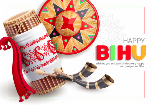 Greeting background with drum (dhol, onoinya) decorated with gamosa, japi (bamboo hat) and pepa (horn) for North Indian Assamese New Year (and harvest) festival Rongali (Bohag) Bihu. Vector.