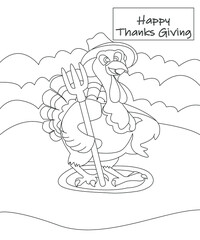 Turkey coloring book page. Black and white outlines. Thanksgiving easy coloring book page for children.