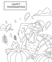 Turkey coloring book page. Black and white outlines. Thanksgiving easy coloring book page for children.