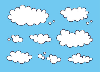White clouds in a blue sky, cartoon vector set.