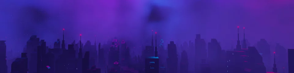 Schilderijen op glas 3D render van Cyber punk nacht stad landschap concept. Licht gloeien op donkere scène. Nachtleven. Technologie netwerk voor 5g. Voorbij generatie en futuristisch van Sci-Fi Capital stad en bouwscène. © TANATPON