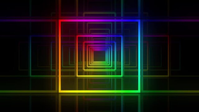 3d abstract geometry tunnel. Colored rainbow square shapes move in perspective on an empty black background. Show, holiday, performance concept