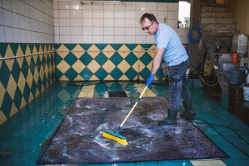 Carpet chemical cleaning with brush.