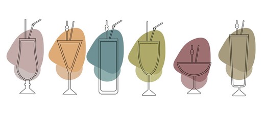 Set of 6 cocktail icons. Alcohol drink boho watercolor line illustration.